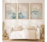 GOSRD Impression sur toile, art mural abstrait, peinture beige et bleue, affiche, décoration moderne pour salon (50 x 70 cm - 3 pièces/cadre intérieur)