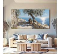 GOSRD Impression sur toile décorative représentant un escalier en pierre côtier, un olivier et une assiette en céramique en pot (30x60cm /sans cadre)