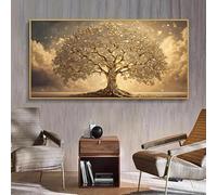 GOSRD Impression sur toile, paysage abstrait de ciel et d'arbres dorés avec des tons d'arbres blancs, décoration de salon (70 x 140 cm)