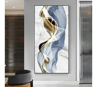 GOSRD Impression sur toile, peinture abstraite moderne en soie, lignes blanches et crème avec des volutes bleues et dorées, décoration minimaliste pour salon (60 x 120 cm)