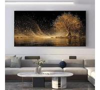 GOSRD Impression sur toile, peinture abstraite moderne représentant un arbre de vie, luxueuse décoration de salon dorée et lumineuse avec paillettes noires et dorées (60 x 120 cm/cadre intérieur)