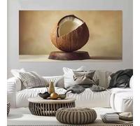 GOSRD Impression sur toile, peinture d'une noix de coco cassée sur un socle en bois, décoration intérieure (50 x 100 cm)