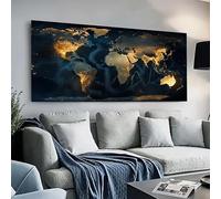 GOSRD Impression sur toile, peinture représentant une carte du monde contemporaine ornée de touches dorées sur fond de mer d'un bleu profond (30 x 60 cm).