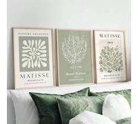 GOSRD Impression sur toile représentant une fleur printanière de Matisse, vert sauge, décoration murale, style bohème, moderne, pour salon ou maison (60 x 90 cm, 3 pièces)