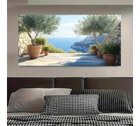 GOSRD Impression sur toile représentant une terrasse avec vue sur l'océan et des oliviers en pot, affiche vintage (30x60cm)