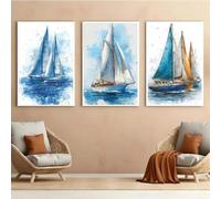 GOSRD Impression sur toile, tableau, voilier bleu, calligraphie, affiche classique, décoration murale pour la maison, la chambre, le bureau, les fêtes (30 x 40 cm - 3 pièces/cadre intérieur)
