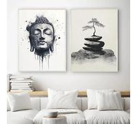 GOSRD Impression sur toile Zen Enso Cercle Bouddha Fleur de lotus Arbre bonsaï en bambou Affiche de méditation Affiche minimaliste Décoration intérieure (50x75cm-2 pièces)