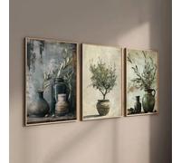 GOSRD Impressions sur toile, peinture, branche d'olivier, plante verte, cuisine rustique, vase élégant, affiche, art mural, décoration d'intérieur, 40 x 60 cm, 3 pièces, sans cadre