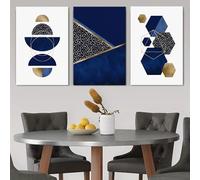 GOSRD Impressions sur toile, peintures décoratives géométriques minimalistes modernes de style nordique, demi-cercle abstrait contrasté bleu et or (50 x 75 cm - 3 pièces)