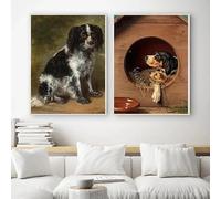 GOSRD Impressions sur toile vintage représentant une fille avec de gentils chiens, affiches, ferme victorienne, niche, photos murales, décoration de maison (40 x 50 cm, 2 pièces)