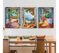 GOSRD Reproductions sur toile, style Henri Matisse, fauvisme, paysage par fenêtre ouverte, vue côtière, art mural moderne (60 x 90 cm - 3 pièces)