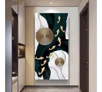 GOSRD Tableau abstrait sur toile, imprimé circulaire noir, vert et doré avec des carpes koï nageant, décoration intérieure moderne (50 x 100 cm)