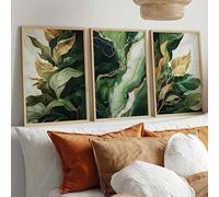 GOSRD Tableau abstrait vert en toile imprimée, motif feuille de plante, décoration murale moderne pour salon (40 x 55 cm - 3 pièces)