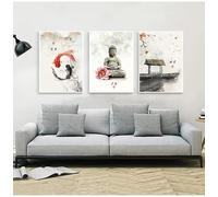GOSRD Tableau imprimé sur toile de style nordique, motif Bouddha et fleurs à l'encre chinoise (30 x 40 cm - 3 pièces), idéal pour la décoration d'une chambre, d'un bureau ou d'une maison.