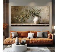 GOSRD Tableau imprimé sur toile, représentant une branche d'olivier moderne dans un pot blanc, aux tons verts, beiges et bruns, idéal pour décorer un mur ou un salon (40 x 80 cm, sans cadre).