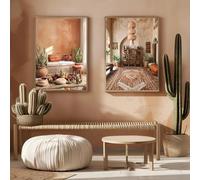 GOSRD Tableau marocain neutre imprimé sur toile, décor cactus en terre cuite, pouf, panier, poster minimaliste pour chambre à coucher ou maison (20x30cmx2/sans cadre)