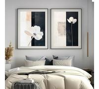 GOSRD Tableau minimaliste en toile imprimée à motif floral noir, blanc et beige, style abstrait végétal, style milieu du siècle, décoration murale moderne printanière (50 x 75 cm - 2 pièces)