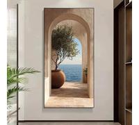 GOSRD Tableau minimaliste moderne représentant un paysage marin avec une arche et un arbre en pot, dans un décor côtier beige, bleu et blanc (30 x 60 cm)