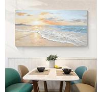 GOSRD Tableau sur toile imprimé représentant une vue abstraite de la mer, des vagues bleues et un lever de soleil blanc, sur le thème de la plage dorée (70 x 140 cm).