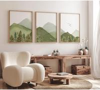 GOSRD Tableau sur toile moderne représentant une forêt, des arbres, des montagnes et des oiseaux, idéal pour une chambre d'enfant ou un salon (60 x 90 cm - 3 pièces)