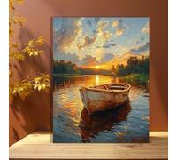 GOSRD Tableau sur toile représentant un coucher de soleil serein sur un lac avec des bateaux - Décoration intérieure (60 x 90 cm)