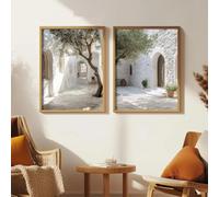 GOSRD Tableau sur toile représentant un paysage de cour avec des oliviers, une île côtière et un bâtiment décoratif (40 x 55 cm - 2 pièces)