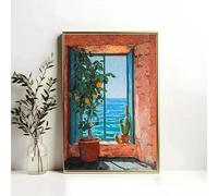 GOSRD Tableau sur toile, vue d'un citronnier depuis la fenêtre, mer bleue, affiche décorative (60 x 80 cm, sans cadre)
