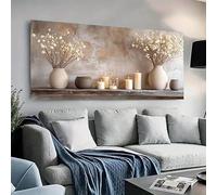 GOSRD Toile imprimée d'art moderne Arbre de Vie doré, tons neutres avec vases blancs et bougies pour la décoration du salon ou de la chambre (60 x 120 cm)