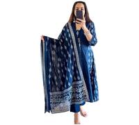 GoSriKi Anarkali Kurta en viscose imprimée avec pantalon et dupatta pour femme, bleu, 42