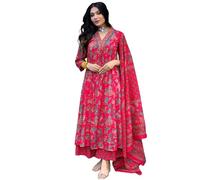 GoSriKi Kurta Anarkali en viscose pour femme avec palazzo et dupatta, Rose, 3XL