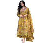 GoSriKi Kurta imprimé Anarkali en rayonne mélangée avec palazzo et dupatta pour femme, Jaune, L