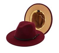 Gossifan Chapeau Fedora bicolore à large bord avec ceinture classique en feutre patchwork pour homme et femme, B-rouge vin/camel, 7 1/8/7 1/4