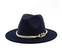 Gossifan Lady Fashion Chapeau de style Fedora et Panama en feutre à large bord avec ceinture à anneau, bleu marine, Taille M