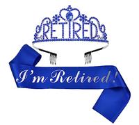 GotGala Décorations de fête de retraite - Cadeau de retraite pour femme - Diadème et écharpe - Bleu roi et argent - Couronne en cristal pailletée pour femme