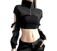Goth Dark Hollow Out Techwear Mode Cardigans Cargo Gothique Fermeture éclair Sexy Crop Jackets Y2k Punk Col Roulé Streetwear Tops, Black, S