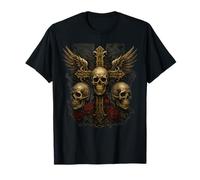 Gothic Skull Cross Wings, Dark Grunge Biker Metal Style T-Shirt