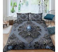 Gothic Skull Decor Linge de Lit 3 Pièces Microfibre résistante 3D Imprimée Respirante Dark Ornate Wall Art Housse de Couette avec Fermeture Éclair Douce for Chambre de garçons Super King（260x220cm）