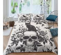 Gothic skull Ensemble De Literie 3 Pièces 3D Imprimée Hypoallergique Noir chat floral design Linge de Lit avec 2 Taies d'oreiller Hypoallergique for Décoration de Chambre Super king（260x220cm）