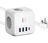 GOTHICANA BY EMPMultiprise Usb, Prise Multiple Cube Prise Murale, 3 Usb Et 1 C Chargeur Prise 1.5M Rallonge Avec 3 Ac 4000W Multiprise Electrique Avec Interrupteur, Prise Cube Pour Maison Bureau Cuis