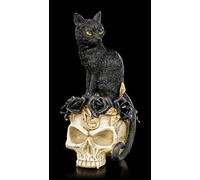 Gothique Alchemy Tête de Mort - Noir Chat Assis sur Un avec Schwarzen (Noire) Roses Umrankten Crâne Fantaisie Dekoartikel, Peint à la Main