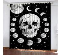 Gothique Chambre à Coucher Rideaux, Crâne Étoile Noire Rideau Occultant, Lune Salon Rideau, Crâne Isolant Panneaux de Rideaux Intérieurs L 70 x H 160cm 2 Panneaux