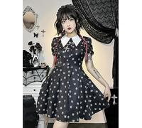 Gothique Col Rabattu A-Ligne Mini Robe Femmes Punk Imprimé Manches Courtes Balançoire Cape Robe De Cocktail Lolita Moulante Dresse-Noir-S