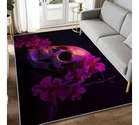 Gothique Noir de Luxe 140x200 cm Tapis de Chambre, Abstrait Floral Feuilles Crâne Lavable Tapis de Salon Antidérapant - Noir et Violet Doux Moquette pour Salle de Séjour Chambre d'enfant Salle de Jeu