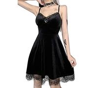 Gothique Rétro Court Dentelle Lanterne Manches Longues Creux O Cou Pure Noir Tempérament Velours Midi Robe, Robe Moon Noir, M