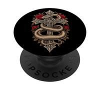 Gothique Serpent et Roses Rouges Autour d'une Croix Gothique PopSockets PopGrip Adhésif
