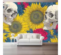 Gothique Sombre Papier Peint Panoramique, Décoration Murale Plantes Fleurs Crânes Format personnalisé, Tapisserie Murales Papier Peint Intissé pour Chambre Salon 200 x 140 cm