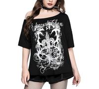 Gothique Top pour Femme Fille - T Shirt Médiévale Déguisement Noir Manches Courtes 1 Chic Et Épaules Dénudées Style Punk Y2k Darkness Grunge Graphic Vetement(Black,M,1165w)