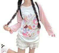 GOTHPICKUS Y2k Sweat-Shirt Graphique Mignon pour Femme Harajuku Kawaii rayé Patchwork Cartoon Casual T-Shirts, Rose, Small