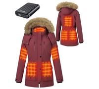 GOTOBI Veste Chauffante Femme Avec Batterie, 8 Zones de Chauffage, Avec 3 Niveaux De Tempé,Parka longue,Manteau Hiver Femme chaud et imperméable à capuche amovible en fausse fourrure,Bordeaux,L