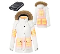 GOTOBI Veste Chauffante Femme Avec Batterie, 8 Zones de Chauffage, Avec 3 Niveaux De Tempé,Parka longue,Manteau Hiver Femme chaud et imperméable à capuche amovible en fausse fourrure,Blanc,S